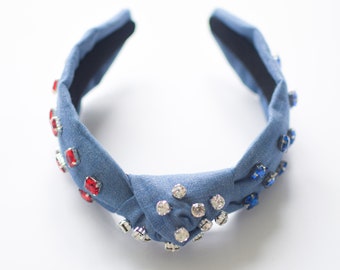 Women's Knot Headbands, 4th of July Knotted Headband, Women's Headband, Knotted Headband, embellished, Handsewn, beaded, Holiday, Gift