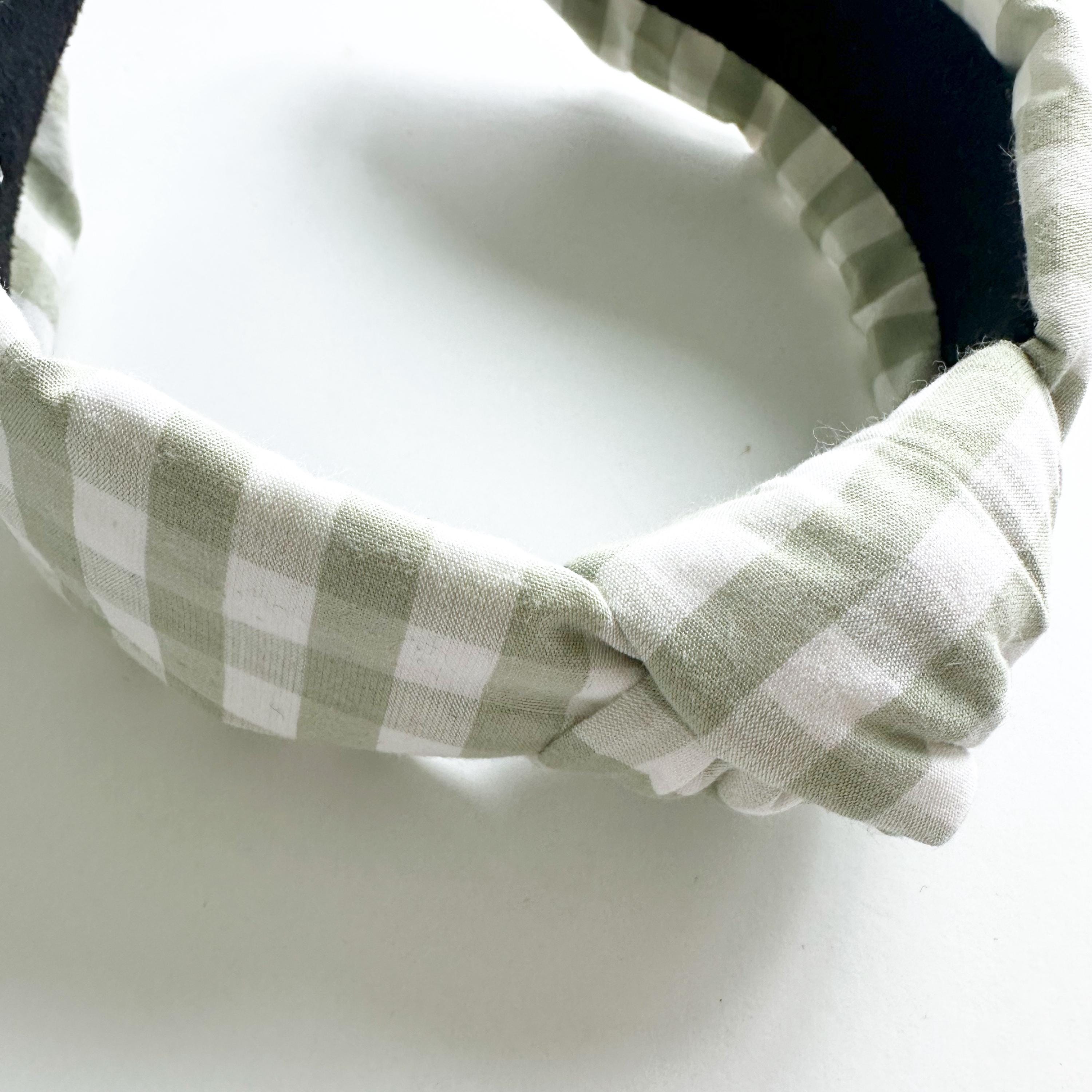 Green Gingham Knotted Headband: Handmade Cotton Plaid Hair  display picture 1