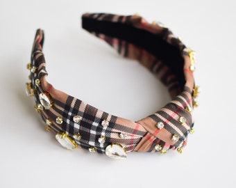 Tan Tartan Headband, Women's Headband, Knotted Headband, Tartan, Embellished, Beaded, Jeweled