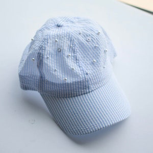 Pearl Hats, Pear Seersucker Hats, Hats, Women's Hats, comfy hat, Blue Hat, Pearls
