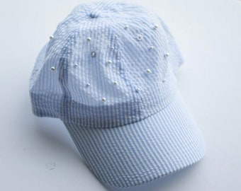 Pearl Hats, Pear Seersucker Hats, Hats, Women's Hats, comfy hat, Blue Hat, Pearls