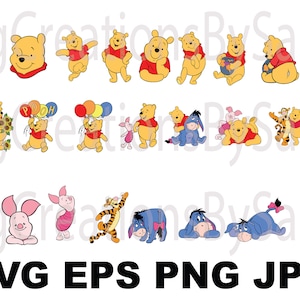 May include: A set of 18 Winnie the Pooh and friends digital clip art images. The images include Winnie the Pooh, Piglet, Tigger, Eeyore, and more. The images are in a cartoon style and are perfect for use in crafts, scrapbooking, and other creative projects.