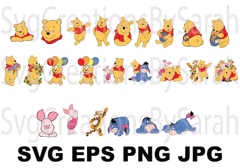 May include: A set of 18 Winnie the Pooh and friends digital clip art images. The images include Winnie the Pooh, Piglet, Tigger, Eeyore, and more. The images are in a cartoon style and are perfect for use in crafts, scrapbooking, and other creative projects.