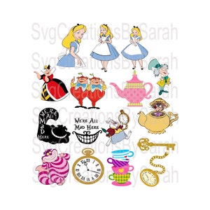 Puede incluir: Un conjunto de 14 imágenes digitales de clipart con temática de Alicia en el País de las Maravillas. Las imágenes incluyen a Alicia, el Sombrerero Loco, la Reina de Corazones, el Gato de Cheshire, el Conejo Blanco, y más. Las imágenes están en un estilo de dibujos animados y son perfectas para proyectos de manualidades, scrapbooking, y más.
