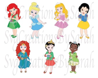 May include: A set of seven princess character illustrations. The princesses are wearing their signature dresses and have their hair styled in their signature ways. The princesses are all smiling and looking happy.