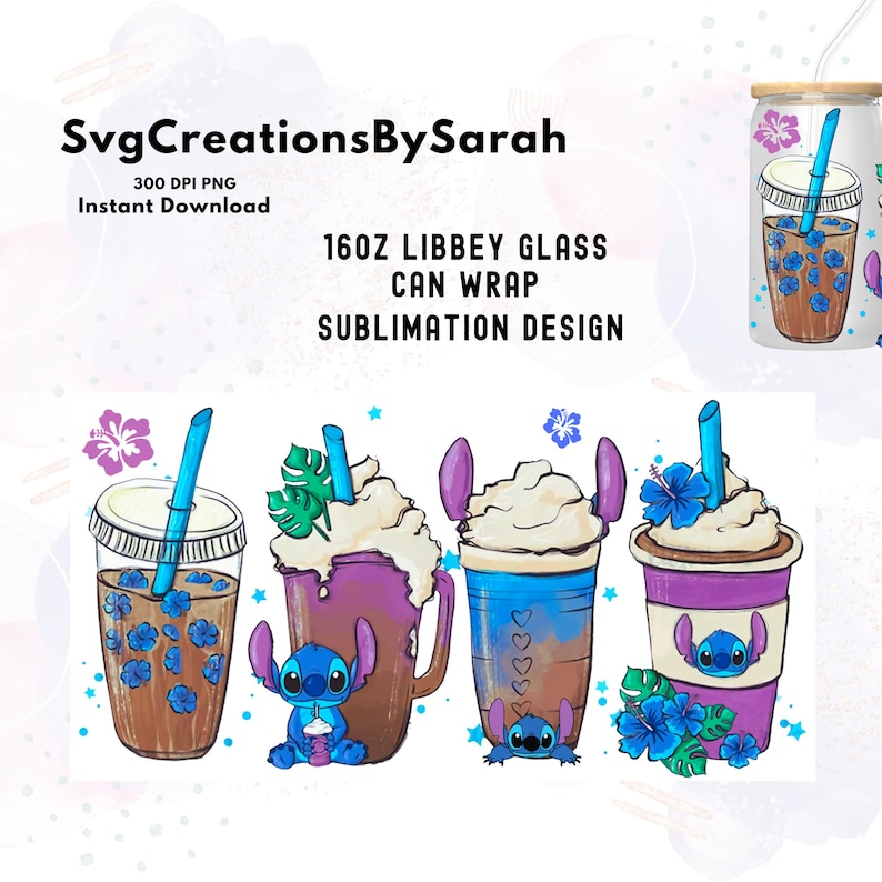 Może przedstawiać: Cztery opakowania na szklane puszki o pojemności 473 ml z postacią z kresk&oacute;wek o niebieskim futrze i dużymi uszami. Opakowania są ozdobione r&oacute;żnymi kolorami, w tym niebieskim, fioletowym, brązowym i białym. Opakowania są przeznaczone do druku sublimacyjnego.