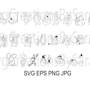 May include: Black and white line art illustrations of Winnie the Pooh and his friends. The characters include Winnie the Pooh, Piglet, Tigger, Eeyore, and Rabbit. The illustrations are in various poses, including standing, sitting, and holding objects.