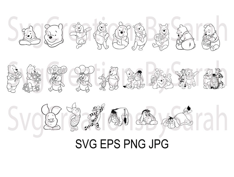 May include: Black and white line art illustrations of Winnie the Pooh and his friends. The characters include Winnie the Pooh, Piglet, Tigger, Eeyore, and Rabbit. The illustrations are in various poses, including standing, sitting, and holding objects.