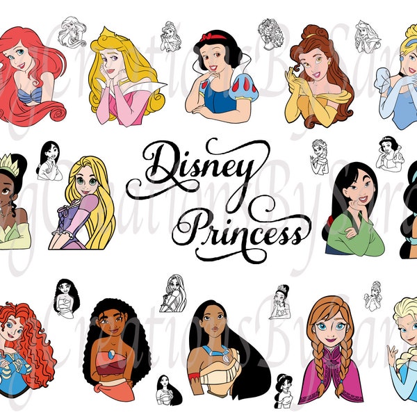 Bundle Princess Digital Download with Outlines Svg, Eps, Png, and Pdf