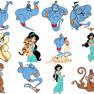 May include: A set of 10 cartoon illustrations featuring characters from the Disney movie Aladdin. The characters include Aladdin, Jasmine, Genie, Abu, and Jafar. The illustrations are in a colorful cartoon style and are perfect for use in crafts, scrapbooking, or other creative projects.