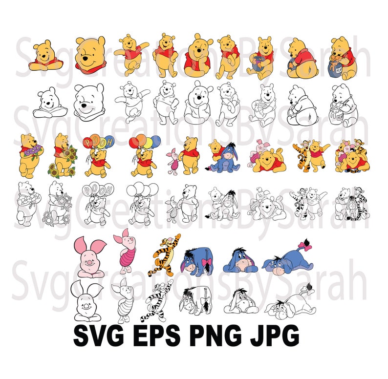 May include: A set of 40 Winnie the Pooh and Tigger character SVG cut files. The characters are in various poses, including standing, sitting, and holding balloons. Some of the characters are in color, while others are in black and white.