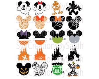 May include: A set of 16 Halloween-themed SVG cut files featuring Mickey Mouse and friends. The designs include Mickey Mouse, Minnie Mouse, Goofy, Donald Duck, and Pluto dressed in Halloween costumes. There are also designs of a haunted house, a spiderweb, and a pumpkin.