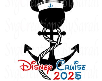 May include: Black and white silhouette of Mickey Mouse wearing a sailor hat with an anchor and rope design. The text "Disney Cruise 2025" is below the anchor.