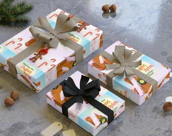 Papel de regalo navideño con diseño de hombrecito de jengibre y bastón de caramelo. Papel de regalo navideño con diseño de hombrecito de jengibre y bastón de caramelo.