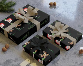 Santa and Reindeer Christmas Wrapping Paper | Festive Black Holiday Gift Wrap | Cozy Christmas Packaging | Winter Gift Wrap Roll