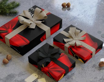 Red Ornament Christmas Wrapping Paper Roll | Elegant Holiday Gift Wrap | Black Background Bow Design | Merry Christmas Gift Wrap Roll