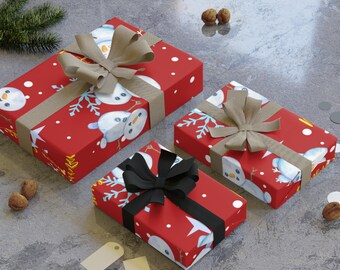 Rollo de papel de regalo navideño con diseño de muñeco de nieve acogedor / Papel de regalo rojo de Feliz Navidad / Lindo embalaje para las fiestas de invierno / Rollo de papel de regalo festivo