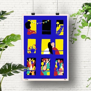 K&ouml;nnte beinhalten: Ein rechteckiger Kunstdruck mit tiefblauem Hintergrund und neun fensterartigen Rahmen. Die Rahmen zeigen gelbe Innenr&auml;ume und stilisierte Figuren in verschiedenen Posen, darunter ein k&uuml;ssendes Paar, eine sitzende Person und Gruppen.