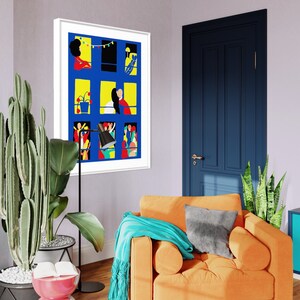 K&ouml;nnte beinhalten: Ein gerahmter Wandkunstdruck mit einem Raster aus neun Fenstern vor einem tiefblauen Hintergrund. Jedes Fenster zeigt farbenfrohe, stilisierte Figuren und Innenszenen in leuchtenden Gelb-, Rot- und Gr&uuml;nt&ouml;nen, eingefasst in einem schlichten wei&szlig;en Rahmen.