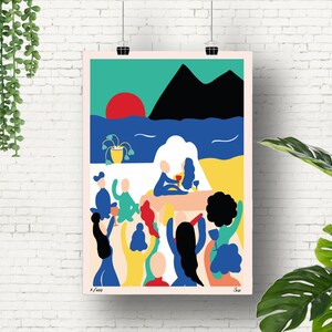 May include: A rectangular art print featuring a stylized illustration of a group of people gathered at a beachside party. The scene includes a red sun, black mountains, a blue sea, and yellow sand. The text A/400 is printed in the bottom left corner.
