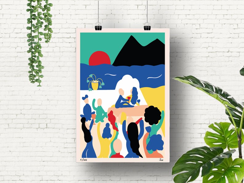 May include: A rectangular art print featuring a stylized illustration of a group of people gathered at a beachside party. The scene includes a red sun, black mountains, a blue sea, and yellow sand. The text A/400 is printed in the bottom left corner.