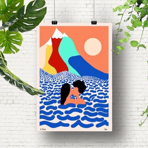May include: A rectangular art print featuring a stylized landscape with a peach sky, a pale sun, and multi-colored mountains in yellow, red, and teal. Below, two figures kiss in a sea of blue wavy patterns. The print includes the text A/400 and She.