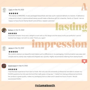 May include: A collage of customer reviews for a custom stamp business. The reviews are positive and highlight the quality of the stamps, the ease of ordering, and the excellent customer service. The reviews are displayed on a peach background with wavy lines in shades of green, brown, and orange.