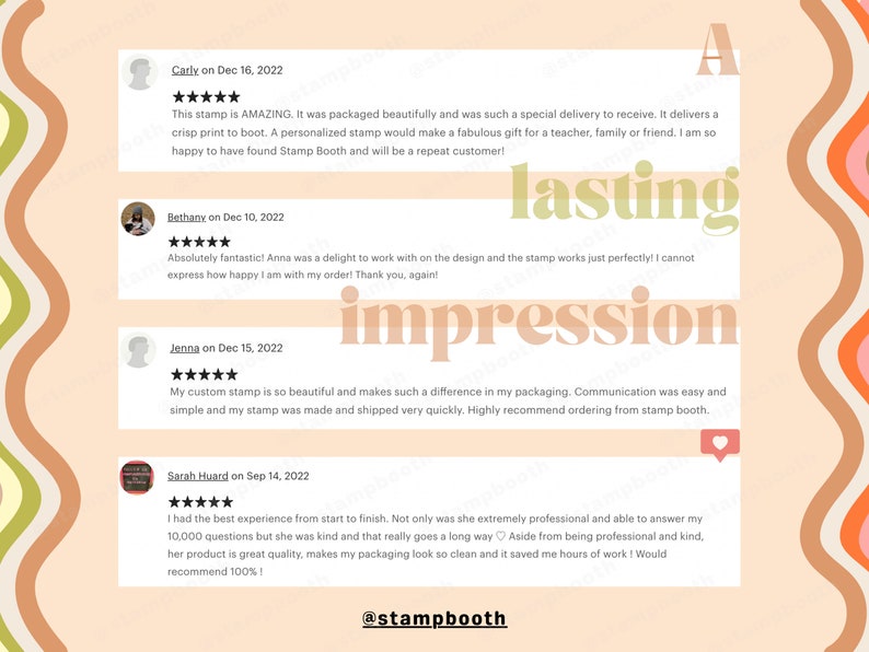May include: A collage of customer reviews for a custom stamp business. The reviews are positive and highlight the quality of the stamps, the ease of ordering, and the excellent customer service. The reviews are displayed on a peach background with wavy lines in shades of green, brown, and orange.