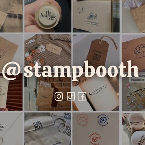 May include: A collage of images featuring various custom stamps and packaging. The stamps feature different designs, including a moon, a coffee cup, a geometric pattern, and a handwritten message. The packaging includes brown paper bags, boxes, and envelopes. The text "@stampbooth" is displayed in the center of the image.
