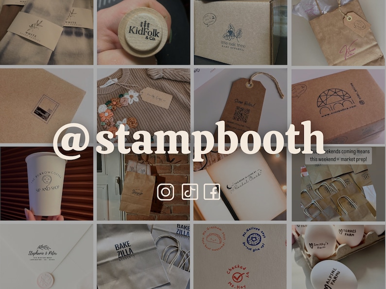 May include: A collage of images featuring various custom stamps and packaging. The stamps feature different designs, including a moon, a coffee cup, a geometric pattern, and a handwritten message. The packaging includes brown paper bags, boxes, and envelopes. The text "@stampbooth" is displayed in the center of the image.
