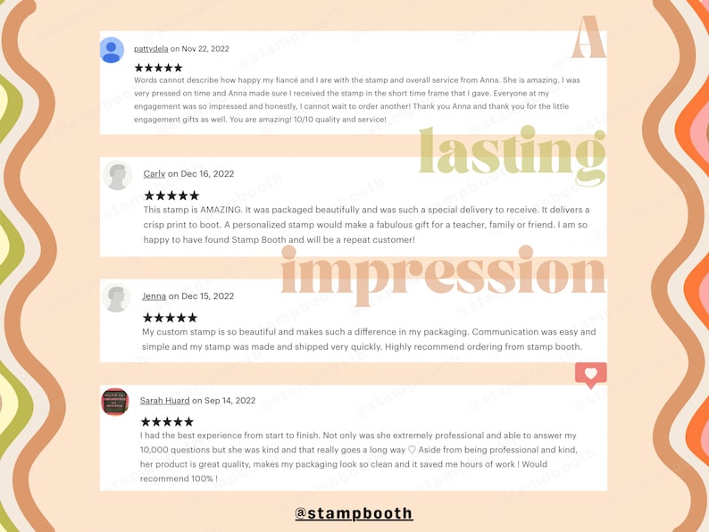 May include: A collage of customer reviews for a custom stamp company. The reviews are positive and highlight the quality of the stamps, the speed of shipping, and the excellent customer service. The company's name, "@stampbooth", is featured at the bottom of the image.