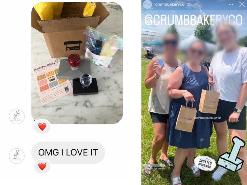 May include: A close-up of a custom rubber stamp with a red handle and a clear acrylic top. The stamp features a small storefront with the text "Crumb Bakery" above it. The stamp is sitting on a gray surface with a white and yellow thank you card and a clear plastic bag with colorful sprinkles.