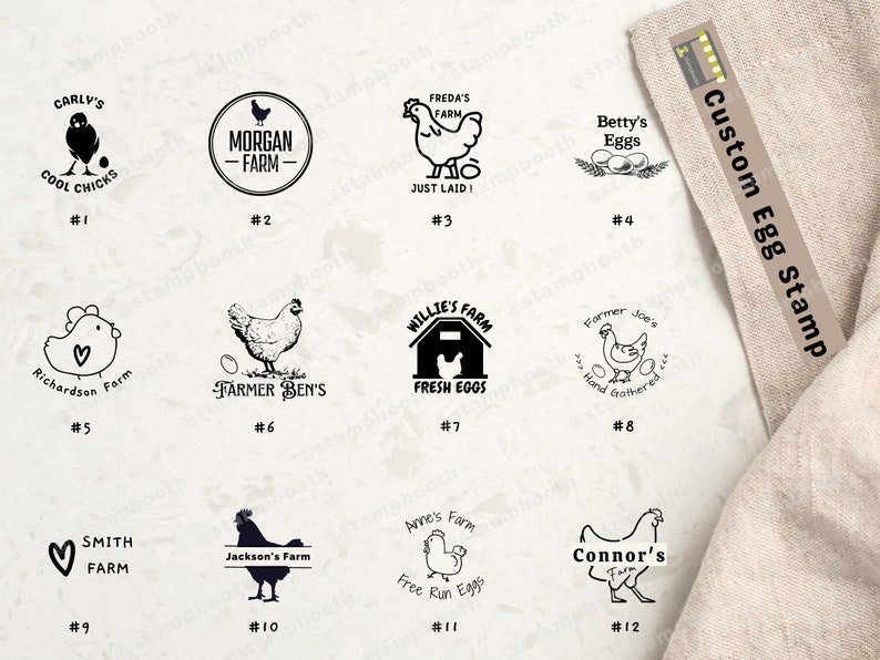 May include: Twelve different custom egg stamp designs featuring various illustrations of chickens, eggs, and farm-related imagery. Each design includes a unique farm name and a number from 1 to 12.