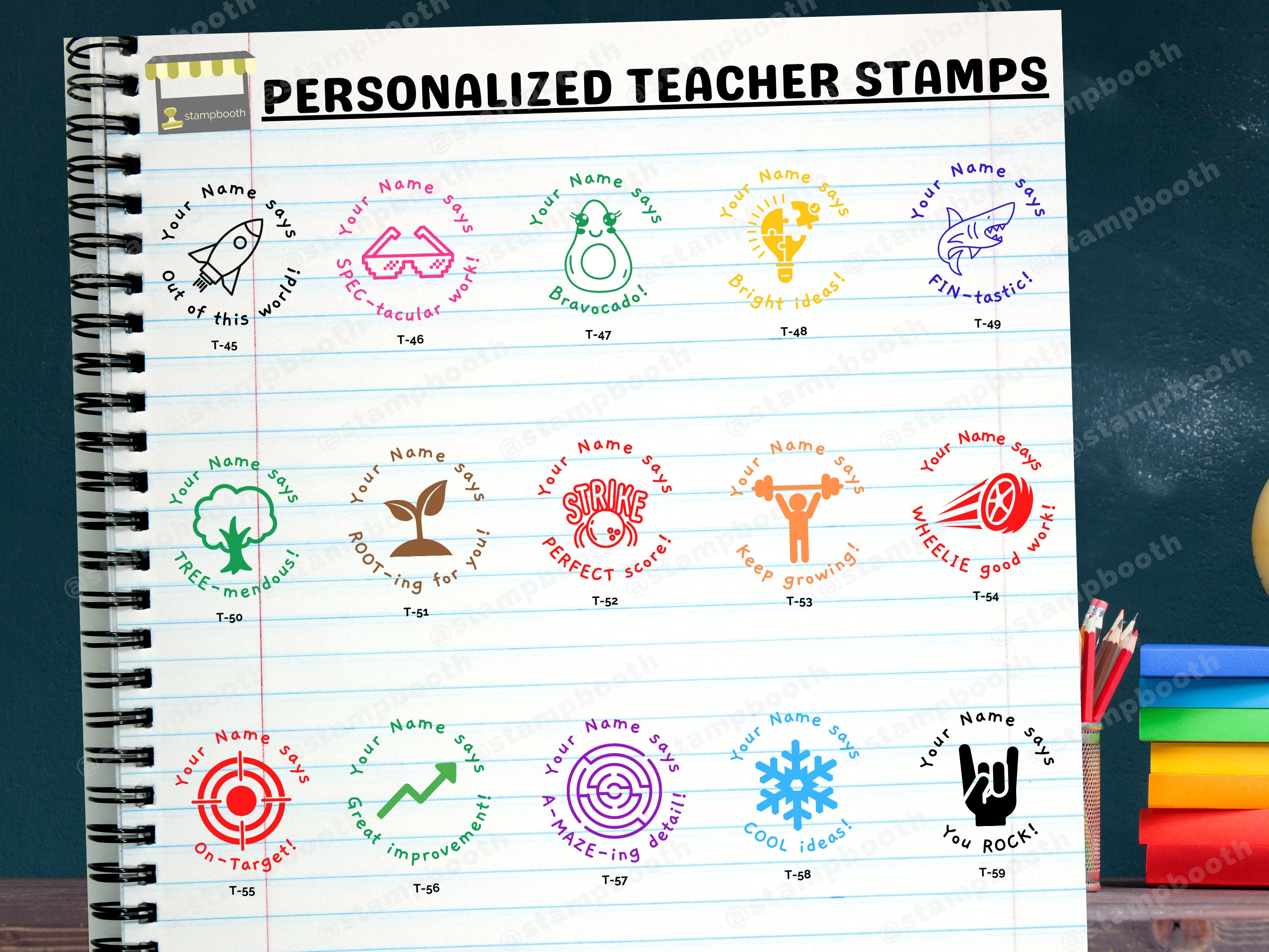  Juego de 3 sellos personalizados para profesores, sello de aula  escolar, más de 60 imágenes para elegir, nombre personalizado del profesor,  sello de recompensa, sello de autoentintado, sello de goma redondo 
