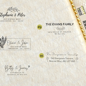 May include: Ten different address stamp designs with black ink and a simple floral design. The stamps feature names and addresses, including "Stephanie & Peter", "Olivia & John", "Betty & James", "The Evans Family", and "The Simpsons Family".