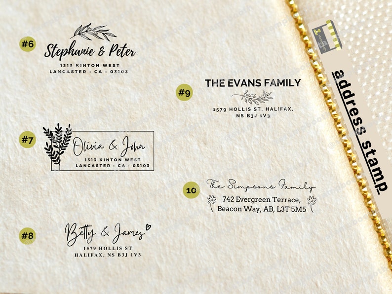 May include: Ten different address stamp designs with black ink and a simple floral design. The stamps feature names and addresses, including "Stephanie & Peter", "Olivia & John", "Betty & James", "The Evans Family", and "The Simpsons Family".