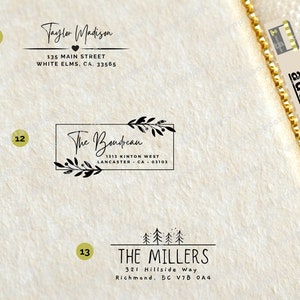 May include: Three different address stamp designs. The first design is a black and white handwritten name with a heart and address. The second design is a black and white rectangular stamp with a floral border and the text "The Boudbean" and address. The third design is a black and white stamp with a Christmas tree design and the text "THE MILLERS" and address.
