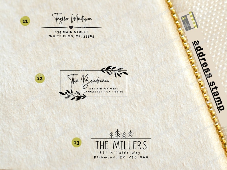 May include: Three different address stamp designs. The first design is a black and white handwritten name with a heart and address. The second design is a black and white rectangular stamp with a floral border and the text "The Boudbean" and address. The third design is a black and white stamp with a Christmas tree design and the text "THE MILLERS" and address.