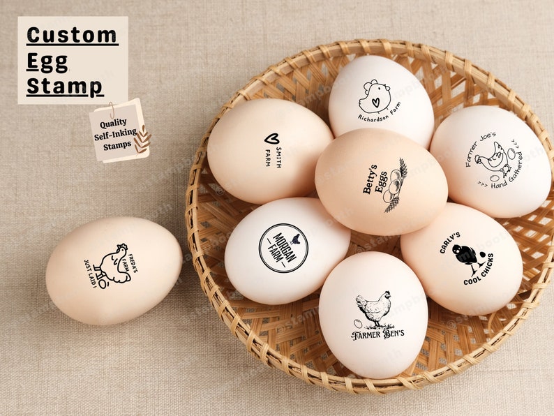 May include: A close-up of a basket of eggs with custom self-inking stamps. The stamps feature various designs, including chickens, hearts, and text. The text on the stamps includes "Smith Farm", "Morgan Farm", "Betty's Eggs", "Richardson Farm", "Farmer Joe's", "Carly's Cool Chicks", and "Farmer Ben's".