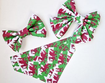 Dog bow tie, sailor bow or slide on collar bandana, Welsh flag, dragon, pet, dog, cat neckwear, neckerchief, accessories
