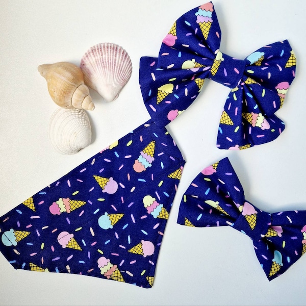 Dog bow tie, sailor bow or slide on collar bandana, navy blue ice cream print, spring summer, pet, dog neckwear, neckerchief, cat, puppy.