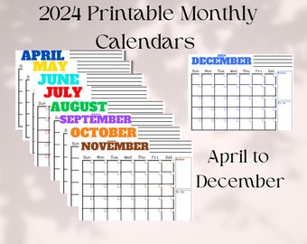 2024 Printable Monthly Calendars, April to December 2024 Calendars