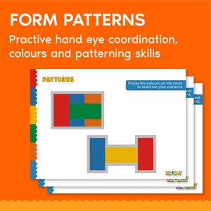 Puede incluir: Una hoja de trabajo imprimible con el título "Form Patterns" e instrucciones para "Seguir los colores en la tabla para construir tus patrones". La hoja de trabajo presenta una tabla de colores y un patrón que se debe recrear utilizando los colores de la tabla.