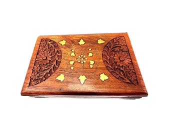 Handcarved Wooden Jewelry Box – 5 x 8 in, Velvet Lined, Brass Accents