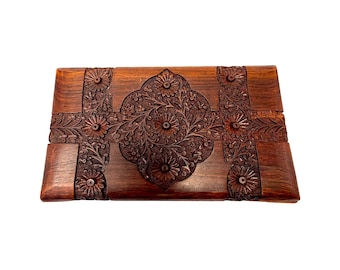 Handcarved Wooden Jewelry Box – 6 x 10 in, Velvet Lined, Brass Accents