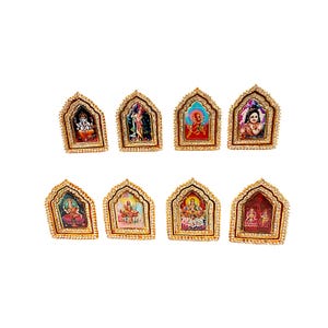 May include: Eight gold-framed religious icons with images of deities. Each icon features a detailed illustration within an arched frame, surrounded by a border of small, sparkling embellishments. The icons are arranged in two rows of four against a white background.