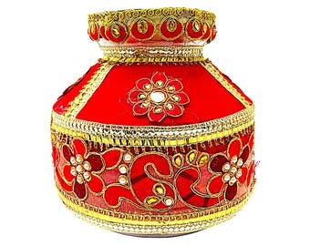 Hand Decorated 8 Inch Gharoli – Red and Gold Cloth Wrapped Stainless Steel Pot for Jaggo, Jaago, Mehndi & Wedding Rituals