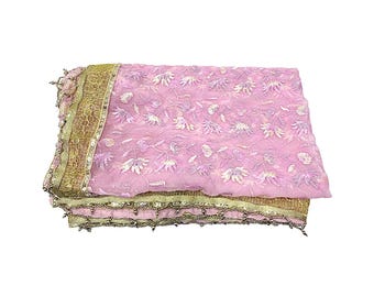 Hand Embroidered Heavy Work Mata Chunni Dupatta, Bridal Style Sequin Border + Beaded Fringe, One of a Kind, Temple Wear or Party Wear