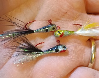 Flat fish panfish jig size 8...1/32oz.  4pack. Now 1/16oz available in select colors.