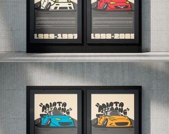 4 Miata Gang カートゥーンスタイル ウォールアートプリント、日本のJDMロードスターポスター（デジタルダウンロード）
